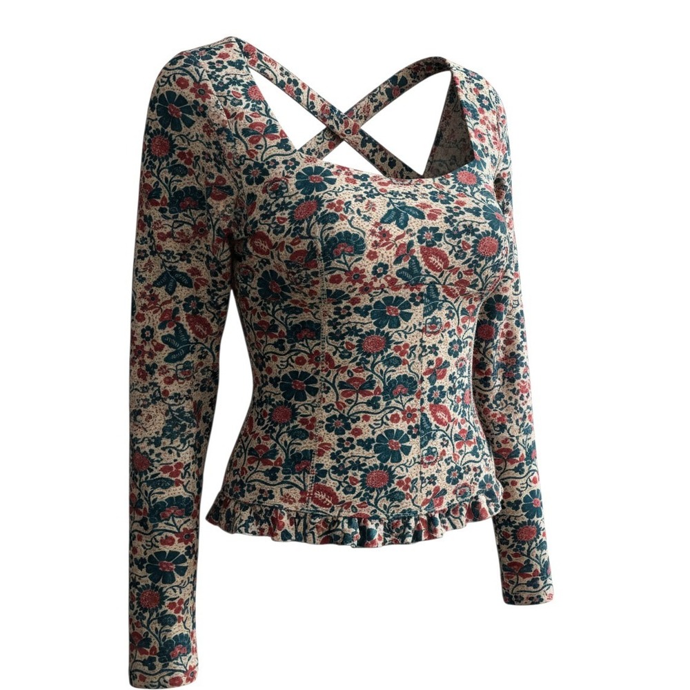 Free People Floral Corset Top Long Sleeve Crisscross Back Ruffle Hem Large
